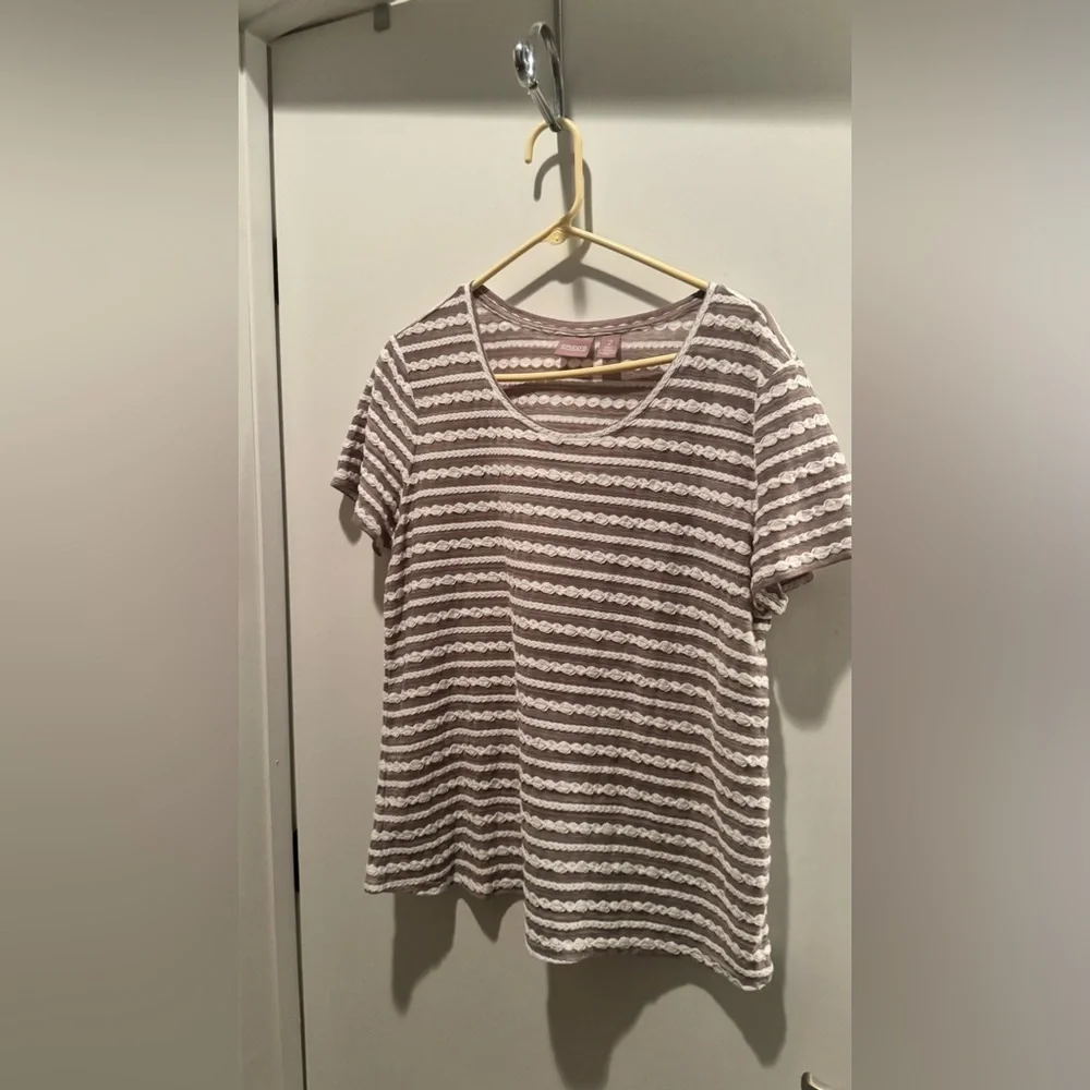 Chico’s Women's Striped Lace-Detail Tee - Taupe/White - Picture 1 of 4